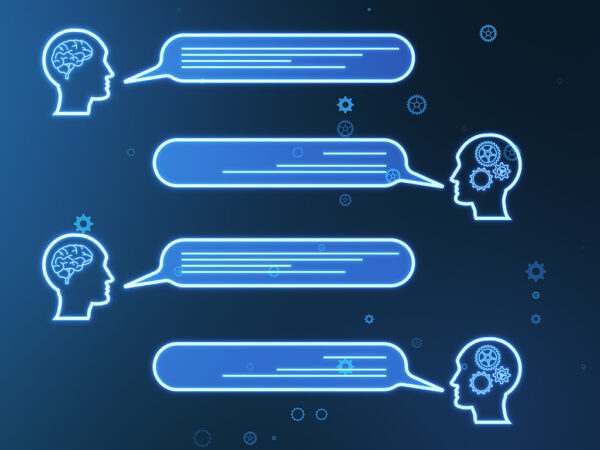 Illustration of a conversation between a human and AI. Speech bubbles on a deep blue background.